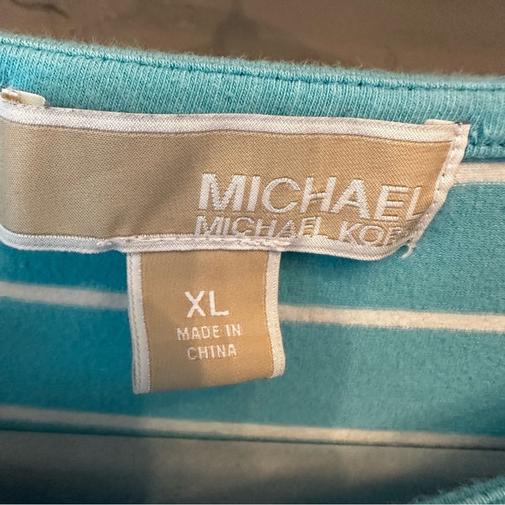 Michael Kors Short Sleeve Stripe Ruch Top Blue White sz XL - Picture 10 of 11